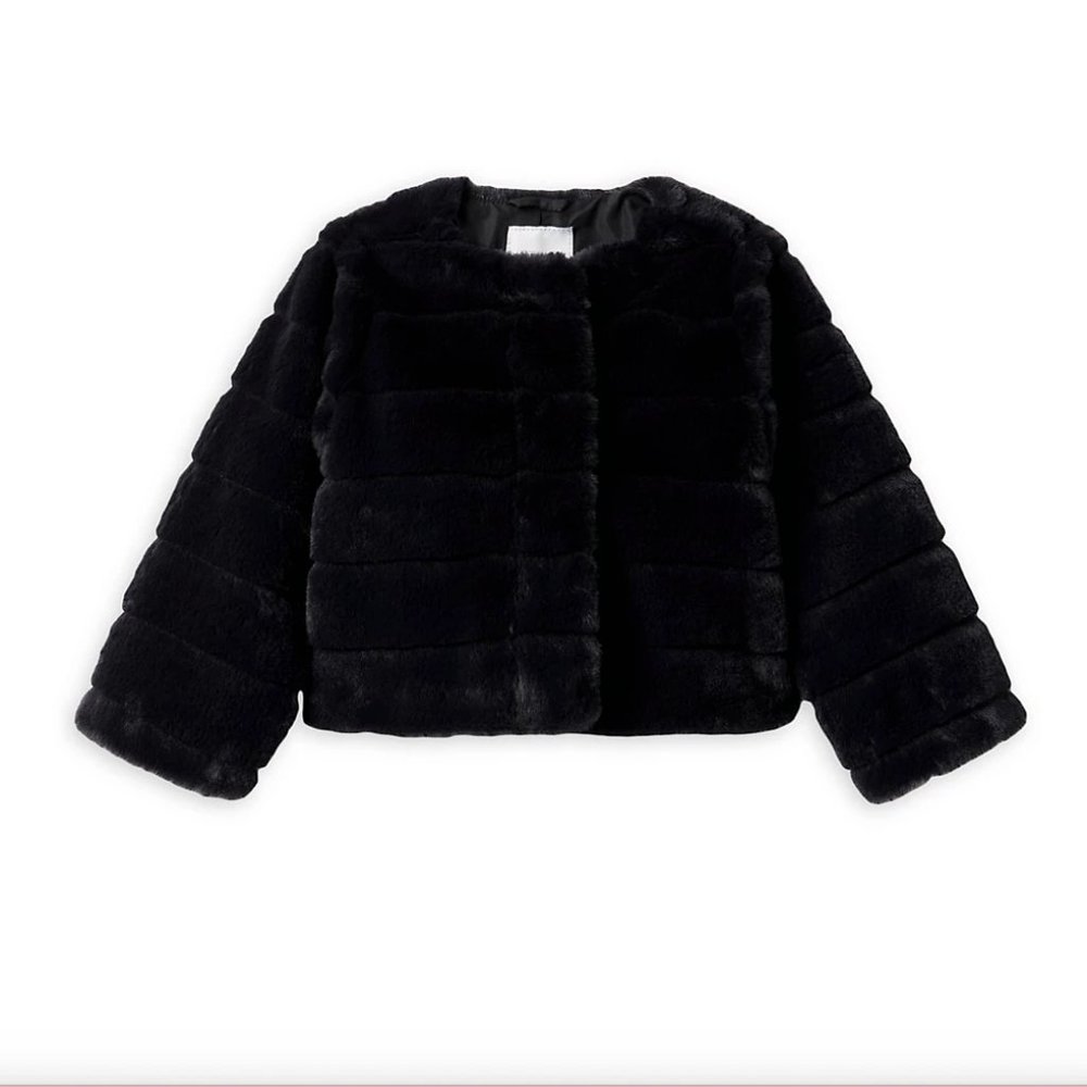 Janie & Jack Black Cropped Big Girls Faux Fur Jacket Coat Size 7/8